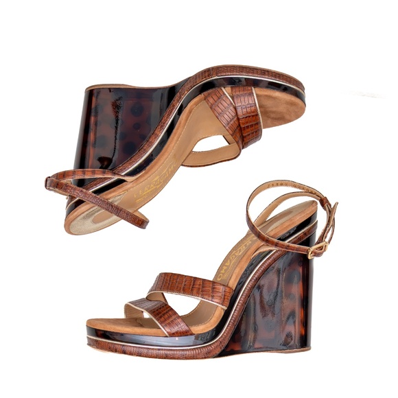 Salvatore Ferragamo Croc-Embossed Wedge Sandals – Tortoiseshell Lucite Platform - Picture 7 of 11